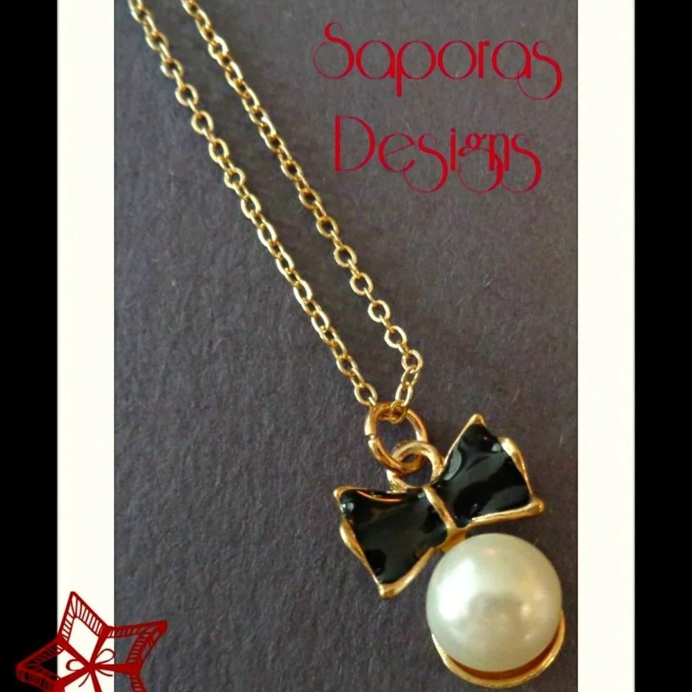Black Bow Design Necklace With White Faux Pearl & Gold Tone Finish